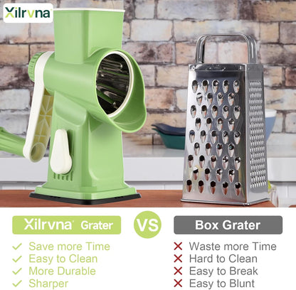 Rotary Cheese Grater Hand Crank Transparent - Shredder Slicer Grinder 3 Stainless Steel Blades, Stable Suction, Labor-Saving Handle, Safe Kitchen Tool for Cheese, Vegetable, Nuts, Chocolate