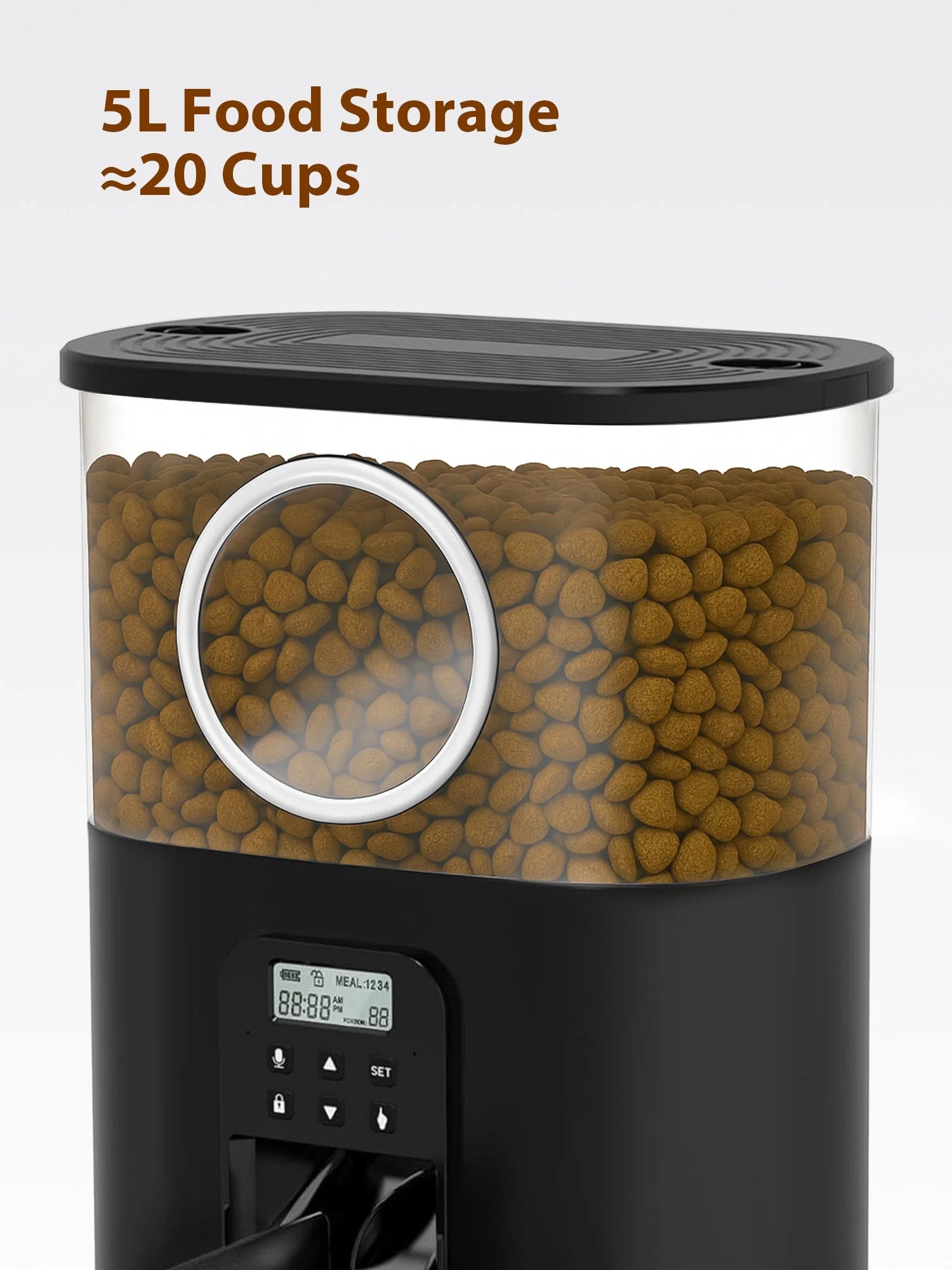 5L/20 Cups Large Capacity Automatic Cat Feeder for 2 Cats, with Timer and Voice Function, Cats Dry Food Dispenser with 2 Stainless Steel Bowl for Pets - Black
