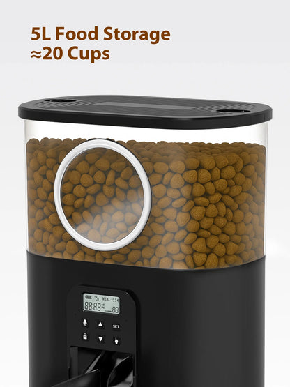 5L/20 Cups Large Capacity Automatic Cat Feeder for 2 Cats, with Timer and Voice Function, Cats Dry Food Dispenser with 2 Stainless Steel Bowl for Pets - Black