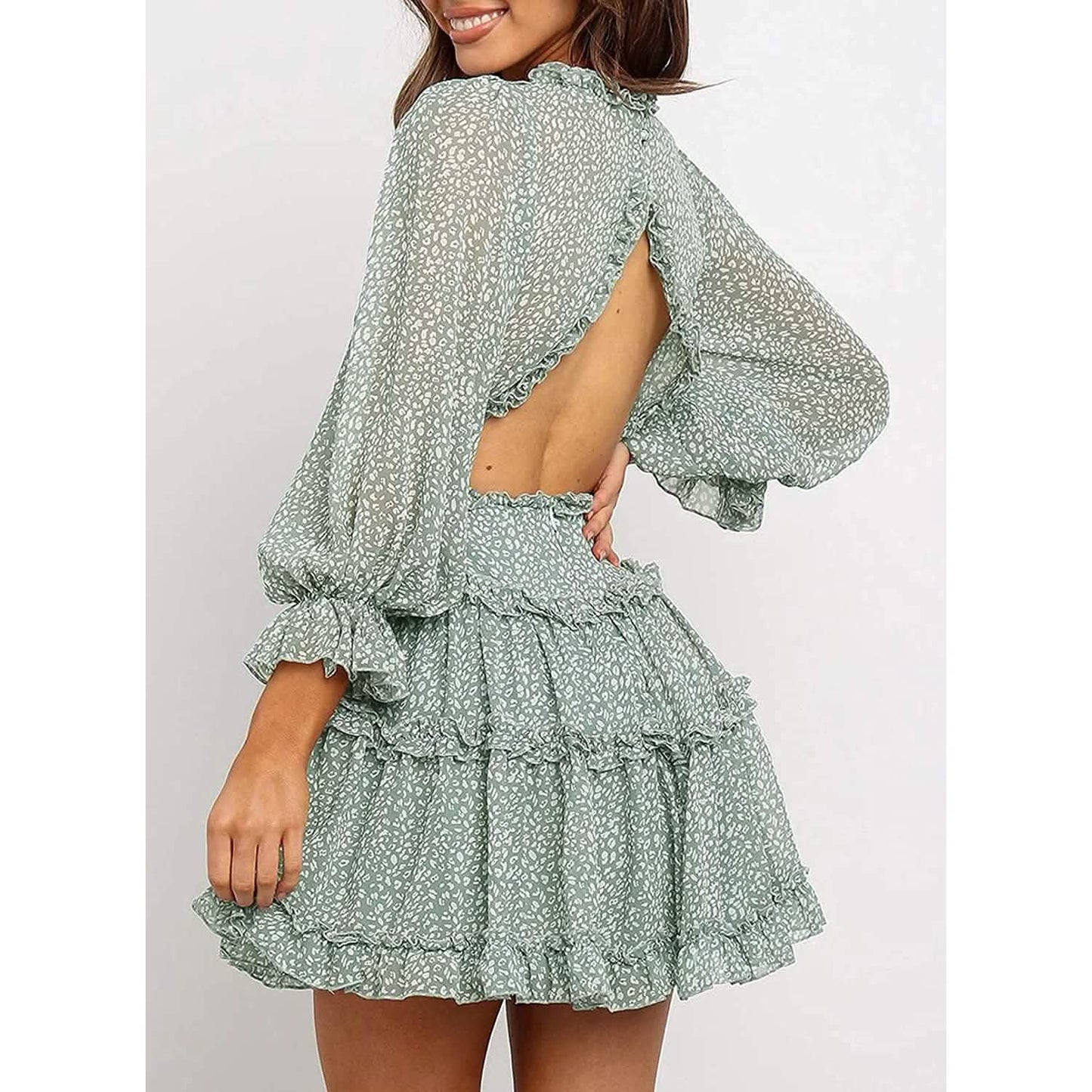 Dokotoo Womens Spring Summer Deep V Neck Ruffle Long Sleeve Floral Print Mini Dress
