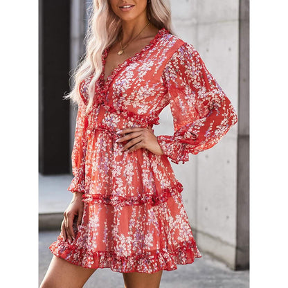 Dokotoo Womens Spring Summer Deep V Neck Ruffle Long Sleeve Floral Print Mini Dress