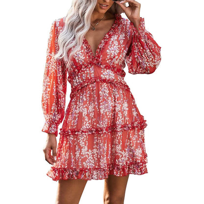 Dokotoo Womens Spring Summer Deep V Neck Ruffle Long Sleeve Floral Print Mini Dress