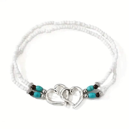 Double Openwork Heart Beaded Anklet Set with Mini Seed Beads