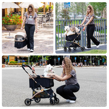 Dog Stroller for Pets, One Hand Fold Puppy Stroller with 6 Shock Absorbers, Removable Cabin & Storage Basket, 4 Wheels Dual Brakes, Rose Gold + Black