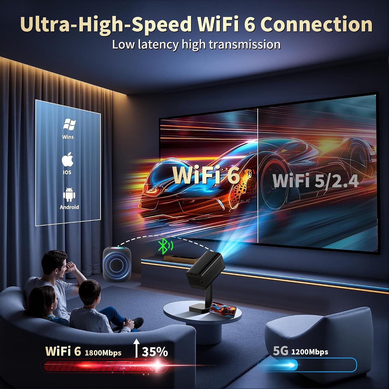Mini Projector 4K 1280P [2026 Upgraded Built-In Apps] Projector with Wifi 6 and Bluetooth 5.4, Auto Focus & Keystone Correction Smart Projector Compatible with HDMI/TV Stick/Laptop/Usb,Black