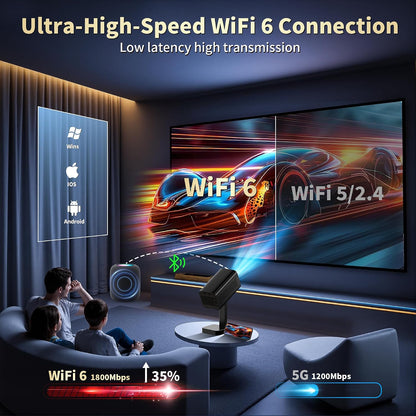 Mini Projector 4K 1280P [2026 Upgraded Built-In Apps] Projector with Wifi 6 and Bluetooth 5.4, Auto Focus & Keystone Correction Smart Projector Compatible with HDMI/TV Stick/Laptop/Usb,Black