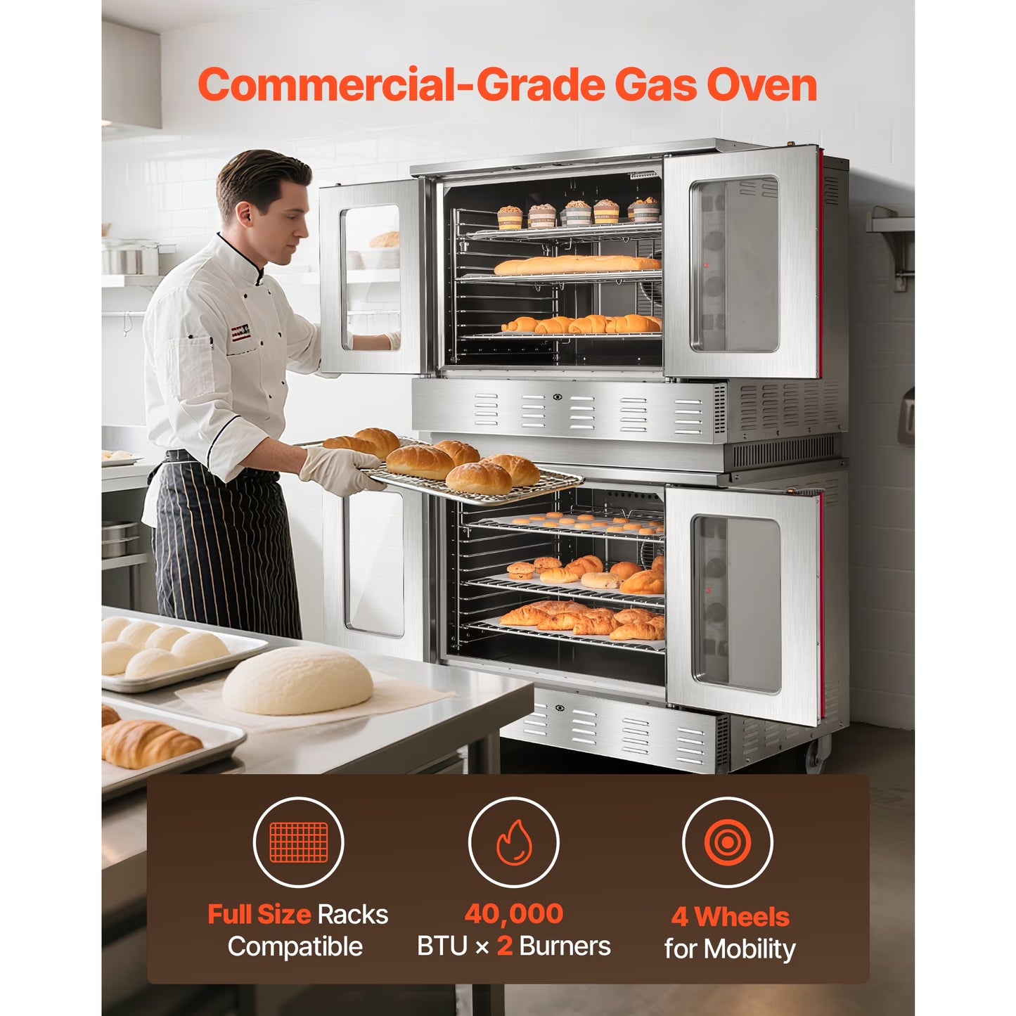 Double Deck Gas Convection Oven,14 Cu.Ft Full-Size Commercial Oven, 40,000 BTU X 2 High-Performance Burners, Natural Gas Oven with Dual Fan Modes, Ideal for Bakeries, Restaurants, and Kitchens