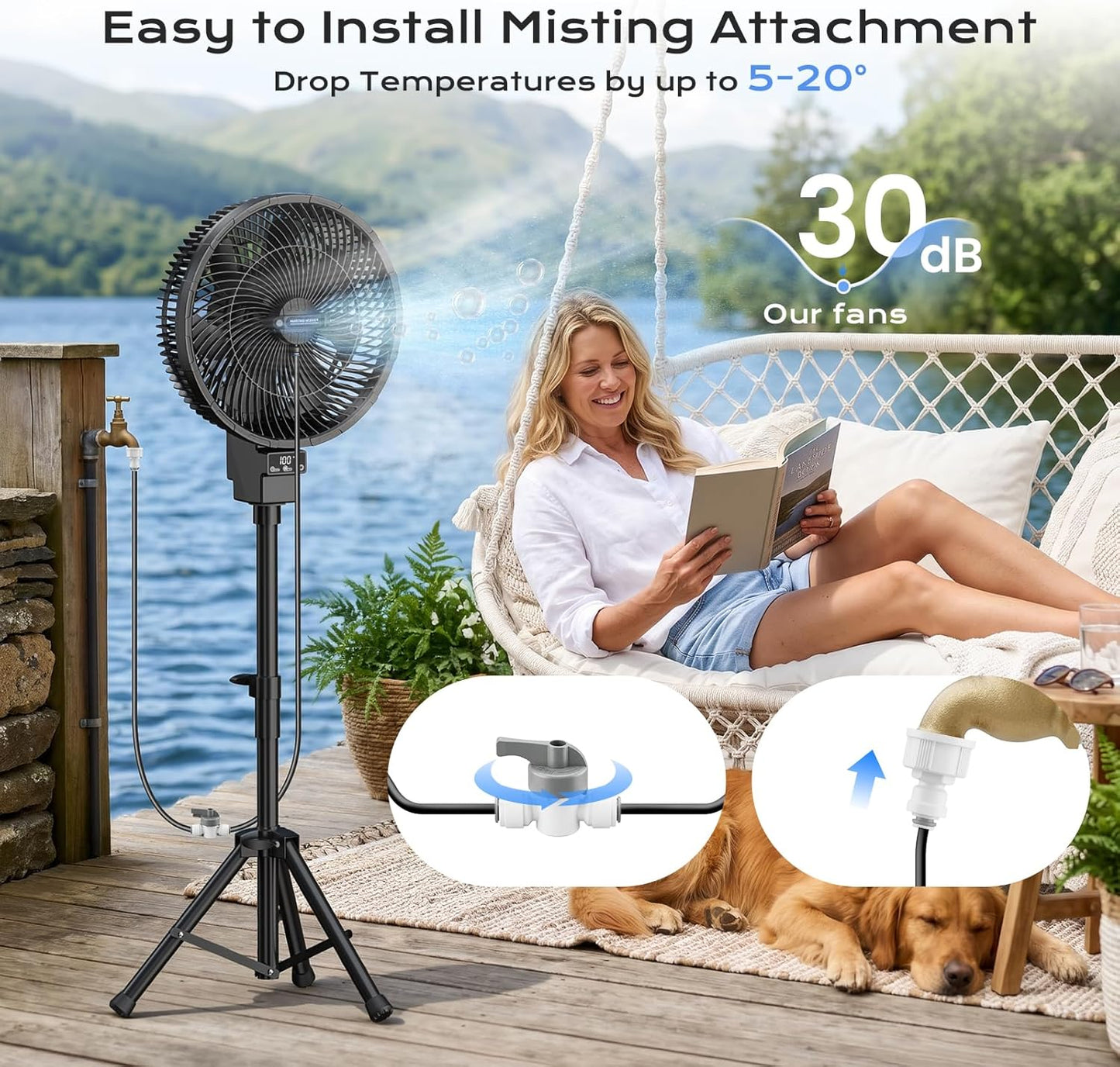 Outdoor Misting Fan for Patios, 40000Mah Portable Oscillating Pedestal Fans with Mister Kit, Water Cooling Mist Standing Floor Fans for outside Home, Bedroom, Backyard, Indoor & Outdoor