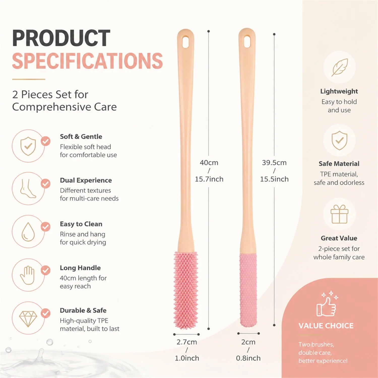 NOGIS Toe Cleaning Brush 15.7" Foot Scrubber in Shower with Long Handle Silicone Foot Brush Soft Skin Exfoliation Lotion Applicator for Foot Seniors,Elderly, Men and Women 2Pack-Pink