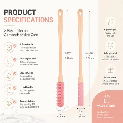 NOGIS Toe Cleaning Brush 15.7" Foot Scrubber in Shower with Long Handle Silicone Foot Brush Soft Skin Exfoliation Lotion Applicator for Foot Seniors,Elderly, Men and Women 2Pack-Pink