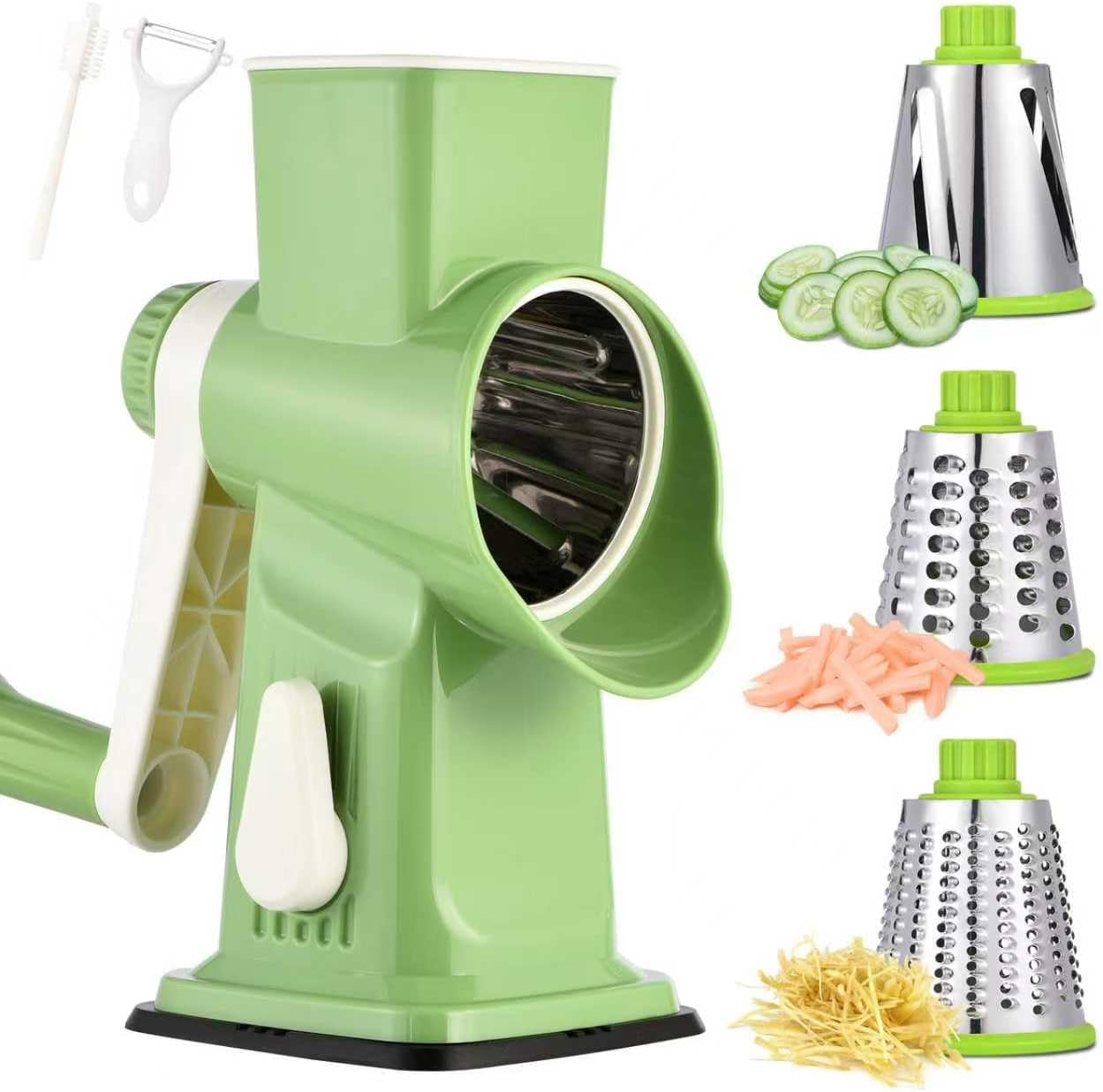 Rotary Cheese Grater Hand Crank Transparent - Shredder Slicer Grinder 3 Stainless Steel Blades, Stable Suction, Labor-Saving Handle, Safe Kitchen Tool for Cheese, Vegetable, Nuts, Chocolate