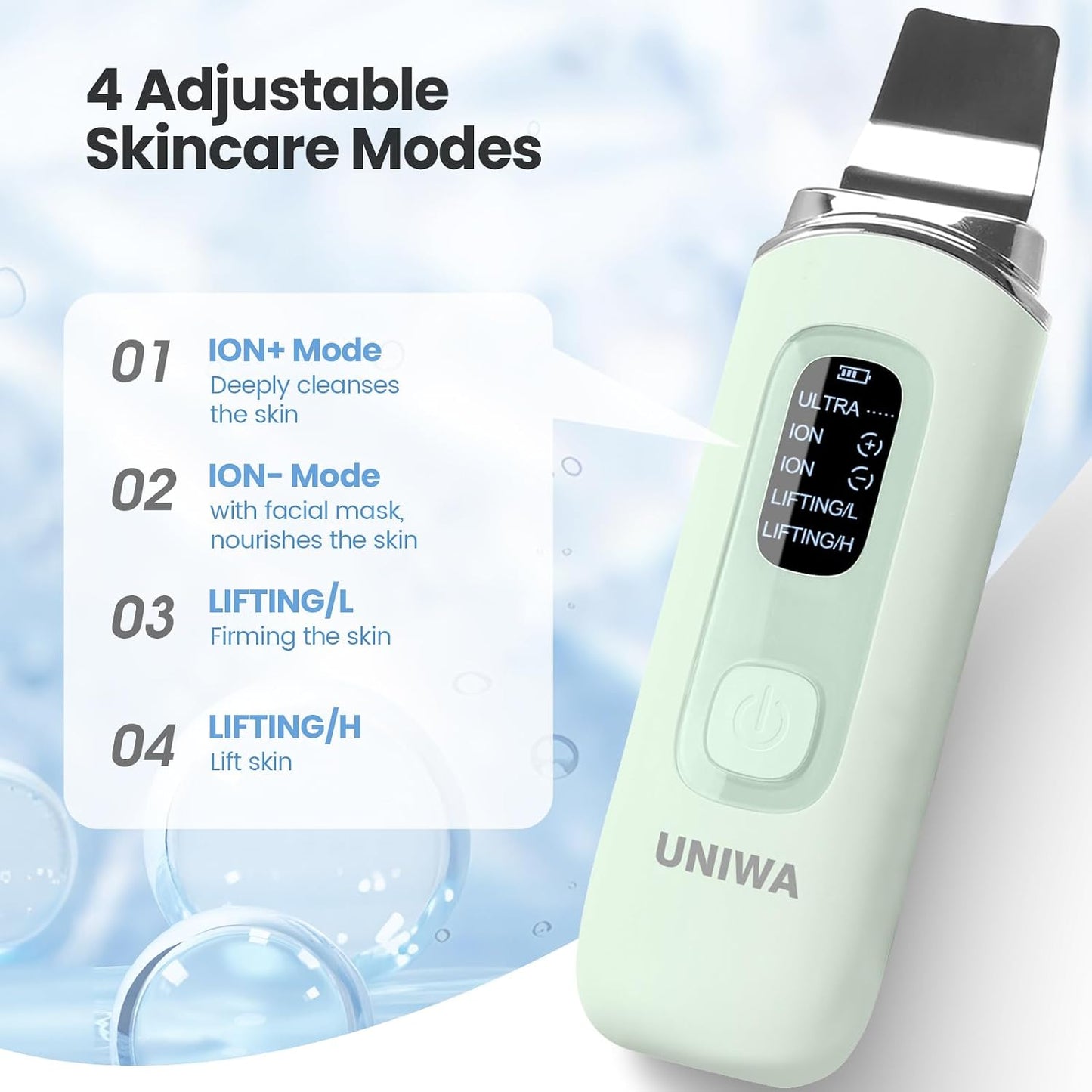 Skin Scrubber Face Spatula, Skin Scrubber Pore Cleaner Blackhead Remover Tool for Deep Facial Cleansing - 4 Modes, Face Spatula with USB Charger, LCD Display, IPX7 Waterproof -Green