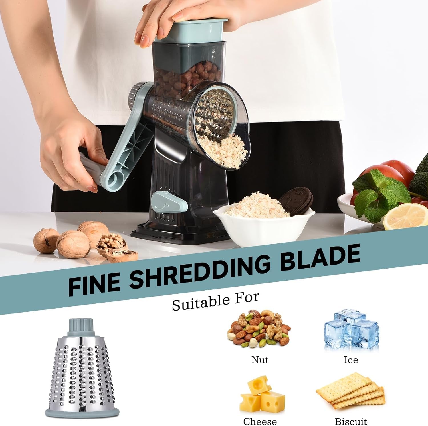 Rotary Cheese Grater with Handle Kitchen Shredder Slicer Grater Slicer Ice Shaver Cheese Vegetable Nuts Potato Zucchini Chocolate 3 Interchangeable Blades (Greyblue)