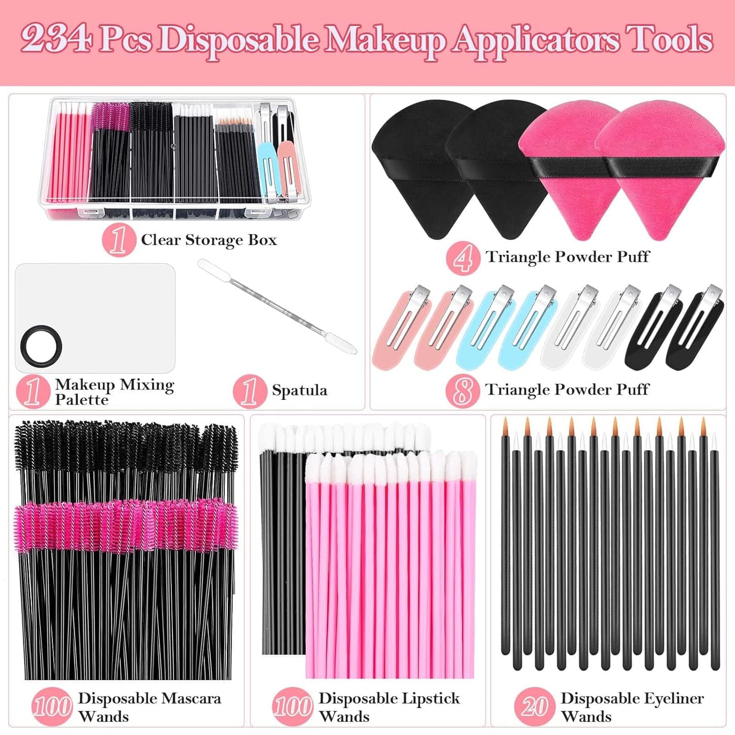 Disposable Applicators Kit with Makeup Puff, Mixing Palette, Artist Supplies, Accessories, Mascara Wands, Lip Brushes, Hair Clips, Powder Puffs for Face with Storage Box