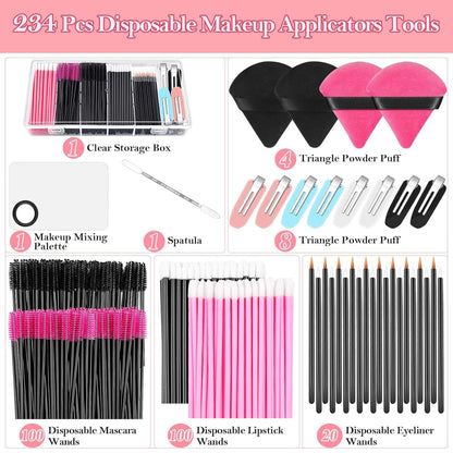 Disposable Applicators Kit with Makeup Puff, Mixing Palette, Artist Supplies, Accessories, Mascara Wands, Lip Brushes, Hair Clips, Powder Puffs for Face with Storage Box