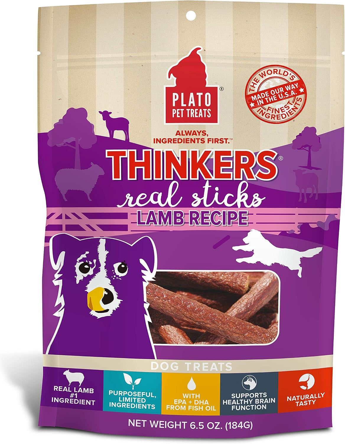 Pet Treats Air Dried Dog Treats Lamb Thinkers Sticks, Natural Dog Treats, Real Meat, Air Dried, Made in the USA, 6.5Oz