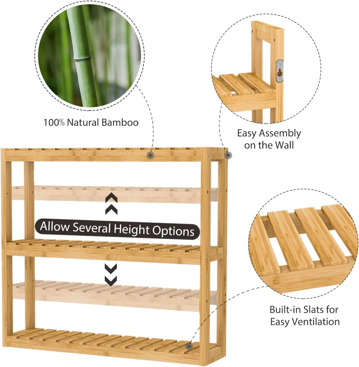 Bamboo Bathroom Shelf over Toilet - 3 Tier Bathroom Shelves Wall Mounted for Towel Storage Shelf, Adjustable Bathroom Rack Organizer