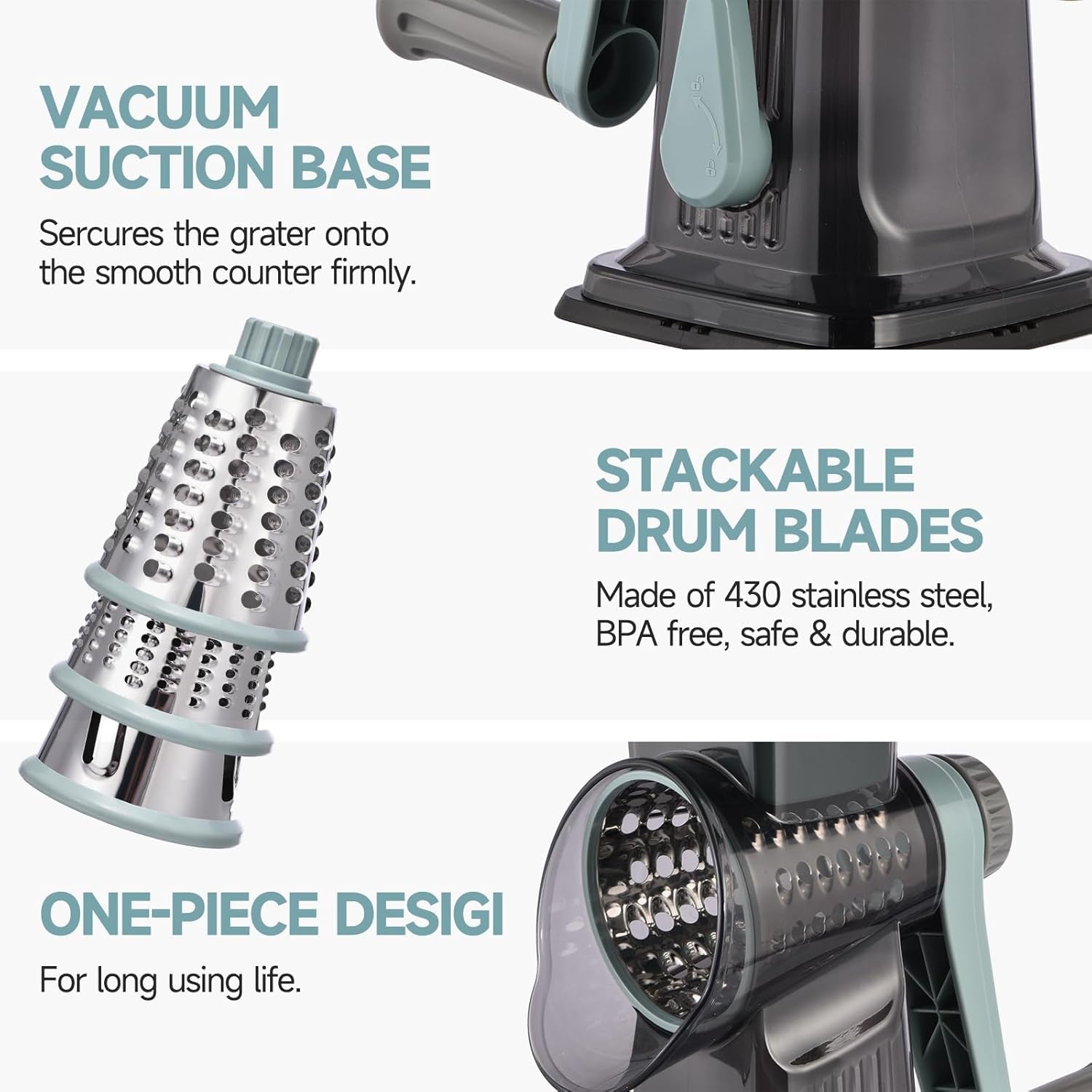 Rotary Cheese Grater with Handle Kitchen Shredder Slicer Grater Slicer Ice Shaver Cheese Vegetable Nuts Potato Zucchini Chocolate 3 Interchangeable Blades (Greyblue)