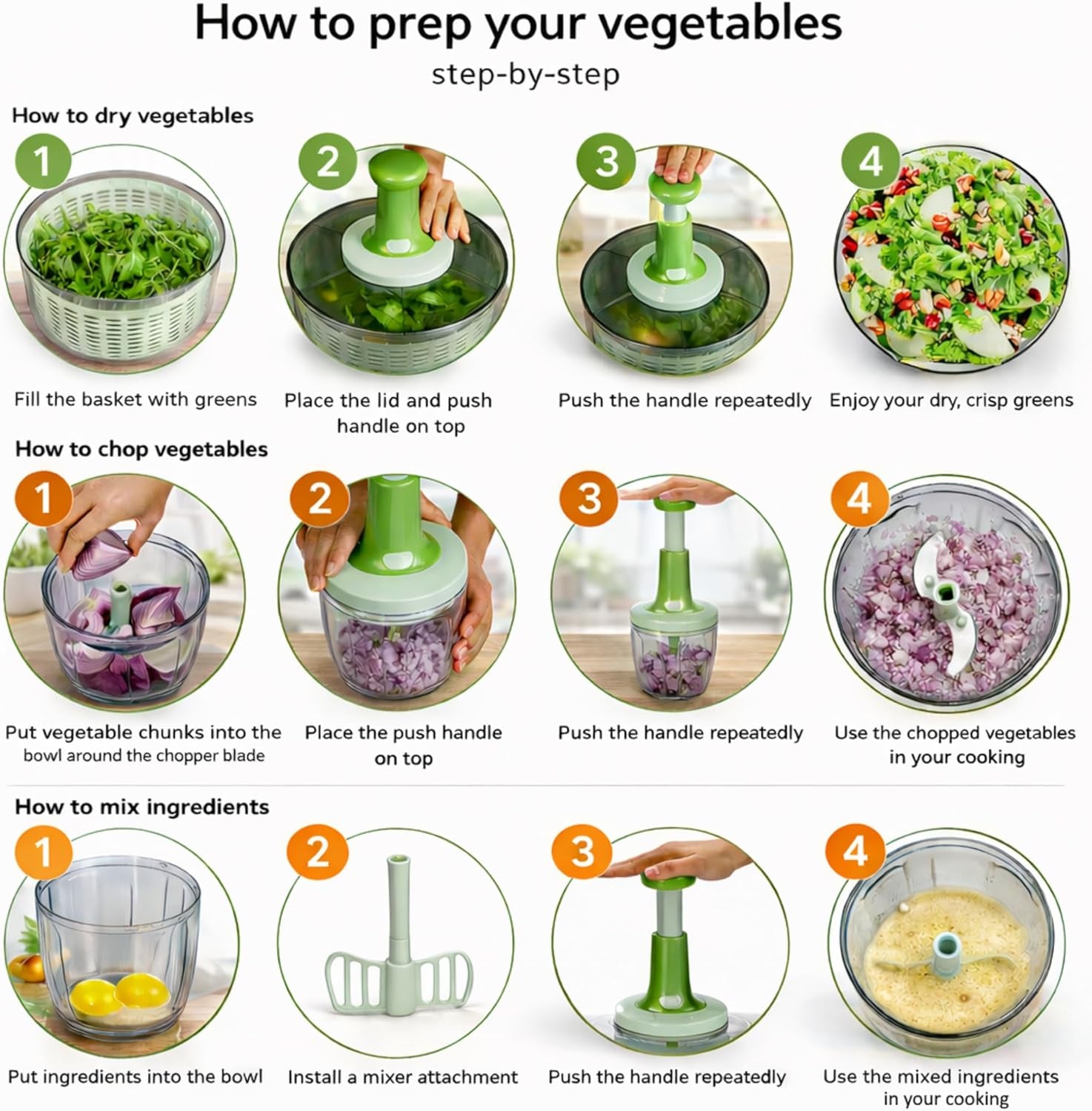 Salad Spinner and Chopper Combo: Large 6.34-Quart Lettuce Greens Vegetable Washer Dryer with Bonus 0.95-Quart Push Veggie Chopper Mixer, Storage Lids, Collapsible, No Electricity, Easy Prep