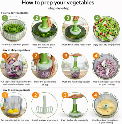 Salad Spinner and Chopper Combo: Large 6.34-Quart Lettuce Greens Vegetable Washer Dryer with Bonus 0.95-Quart Push Veggie Chopper Mixer, Storage Lids, Collapsible, No Electricity, Easy Prep