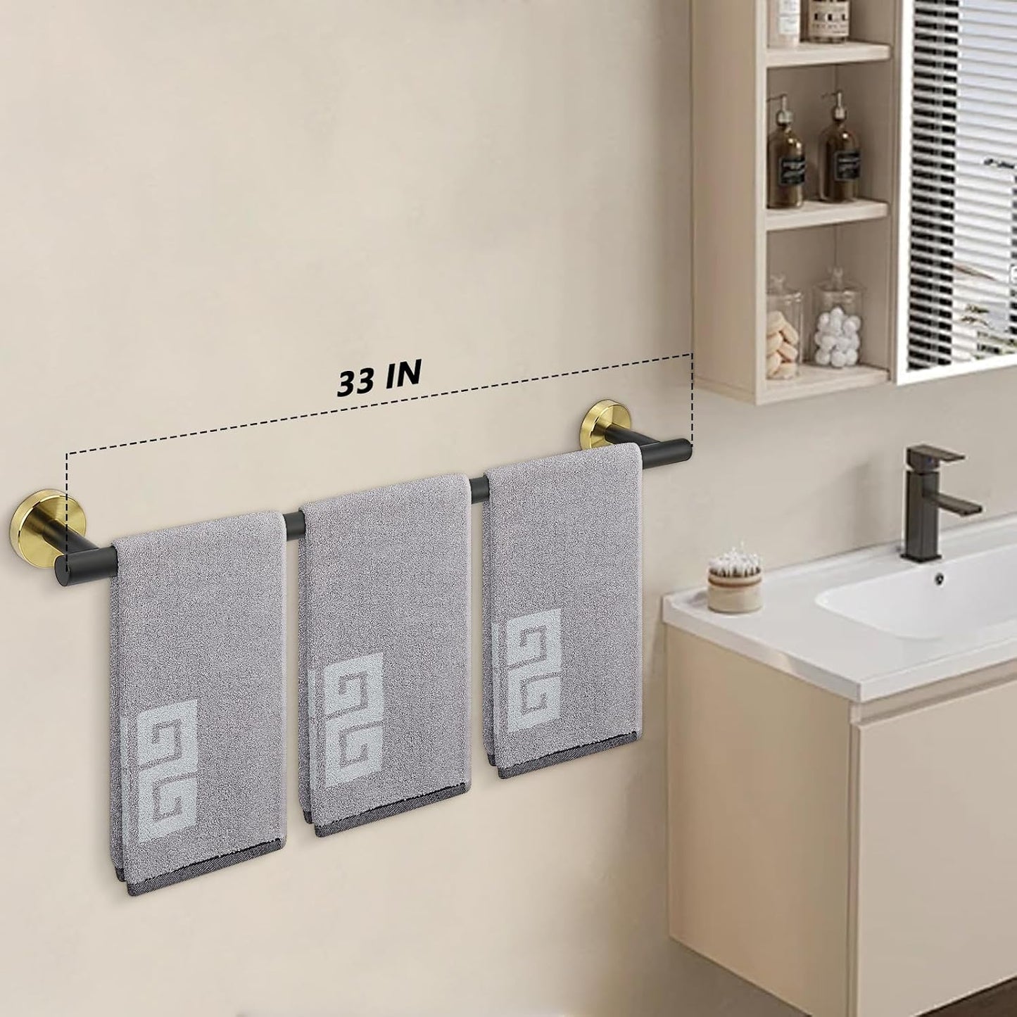 Bath Towel Bar, Thicken Stainless Steel Shower Towel Rack Holder Wall Mounted for Bathroom, 33-Lnch Overall Length-30-Lnch Usable Hanging Space (1 Pack, Matte Black & Gold)