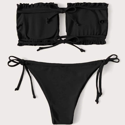 Frill Trim Bandeau Tie Side Bikini Swimsuit
