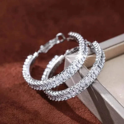 Full Rectangular Shiny Synthetic Zirconia Decorative Hoop Earrings