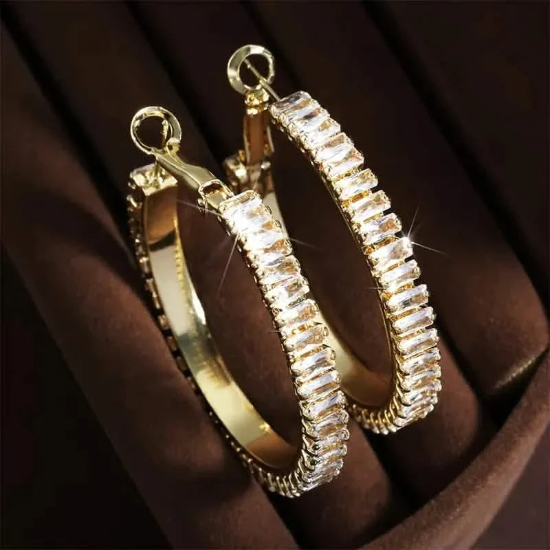 Full Rectangular Shiny Synthetic Zirconia Decorative Hoop Earrings