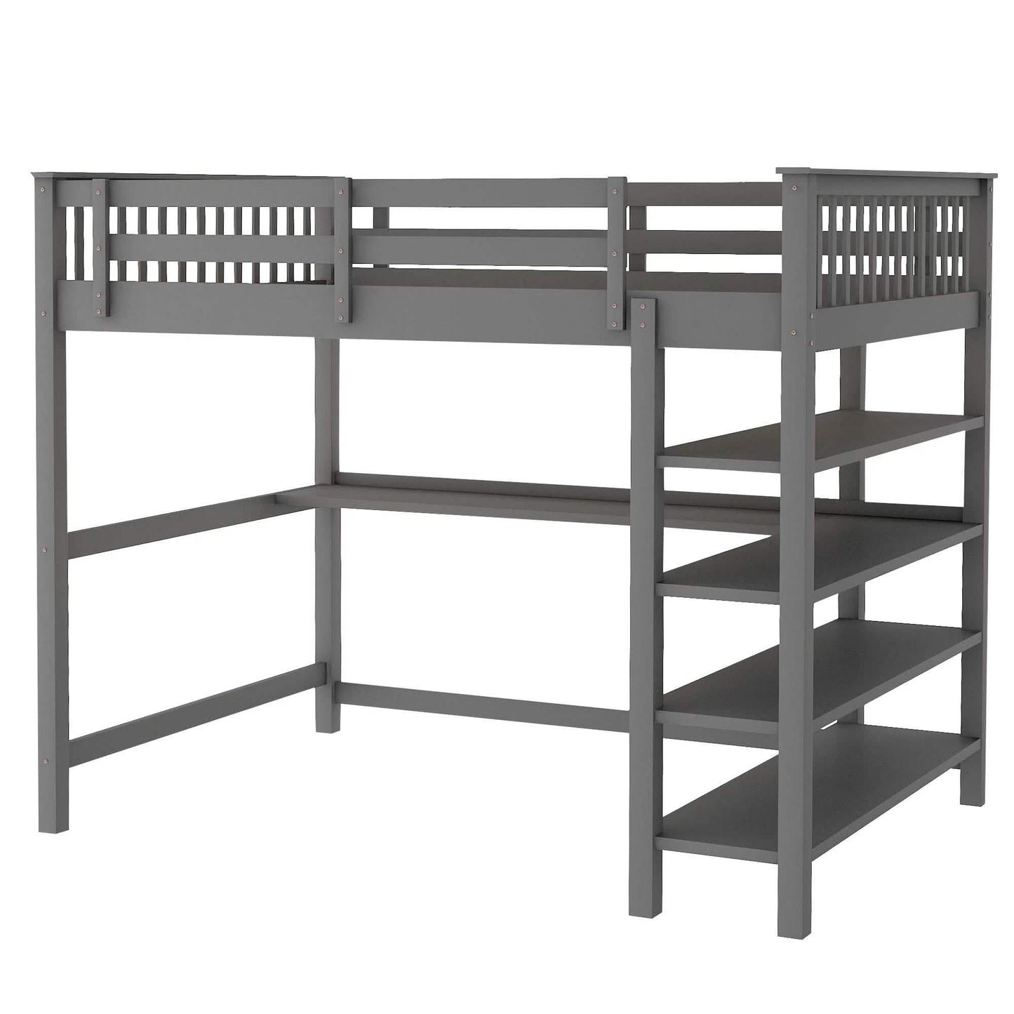 Full Size Loft Bed with Under-bed Desk and Storage Shelves