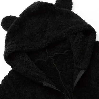 Fuzzy Hooded Pajama Jumpsuit For Music Festival, Long Sleeve Zipper Lingerie & Sleepwear