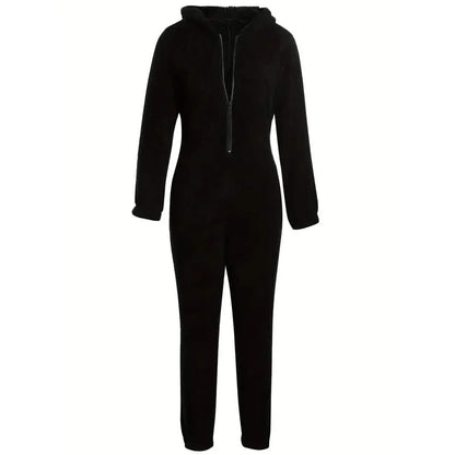 Fuzzy Hooded Pajama Jumpsuit For Music Festival, Long Sleeve Zipper Lingerie & Sleepwear