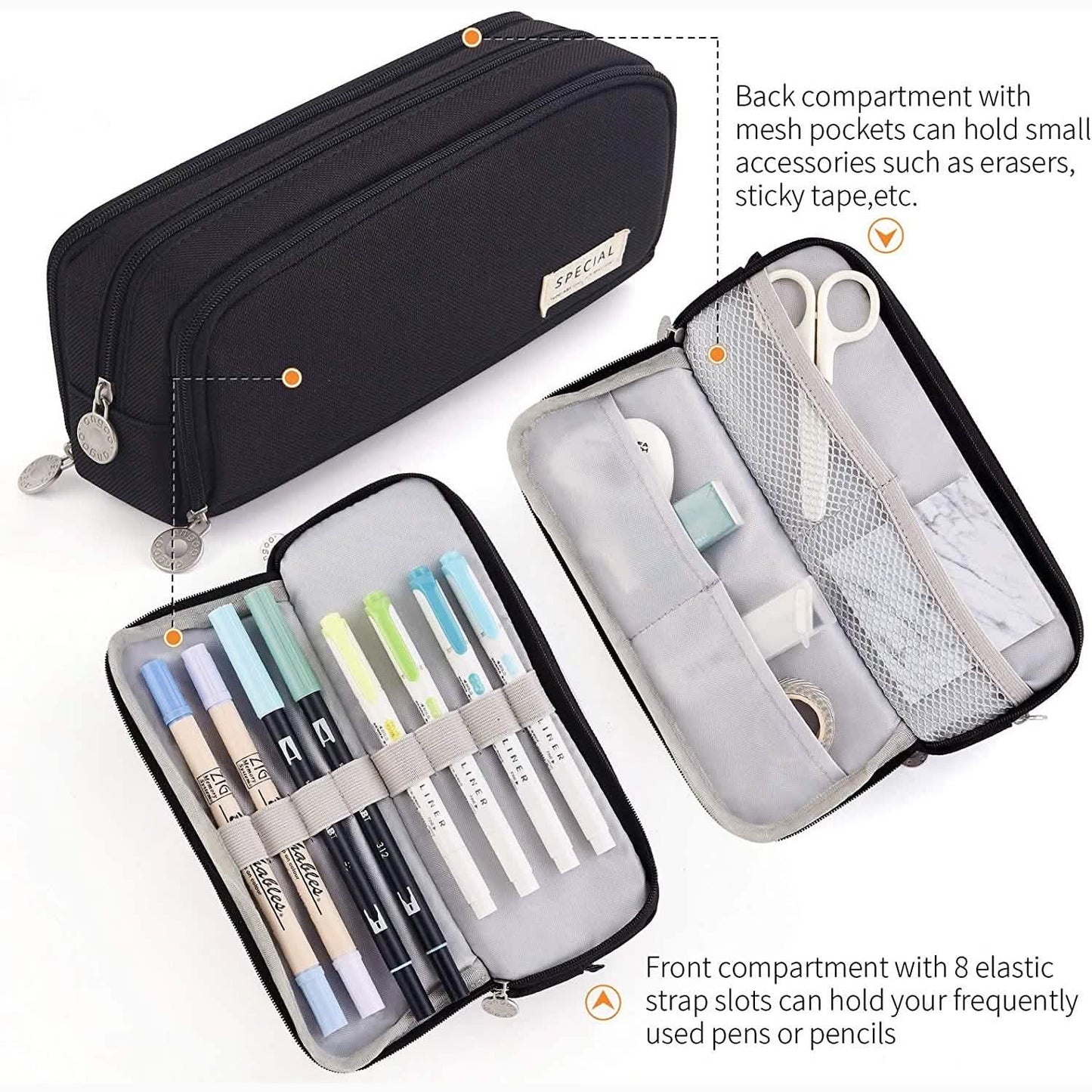 Large Capacity 3 Compartment Pouch Pencil Case