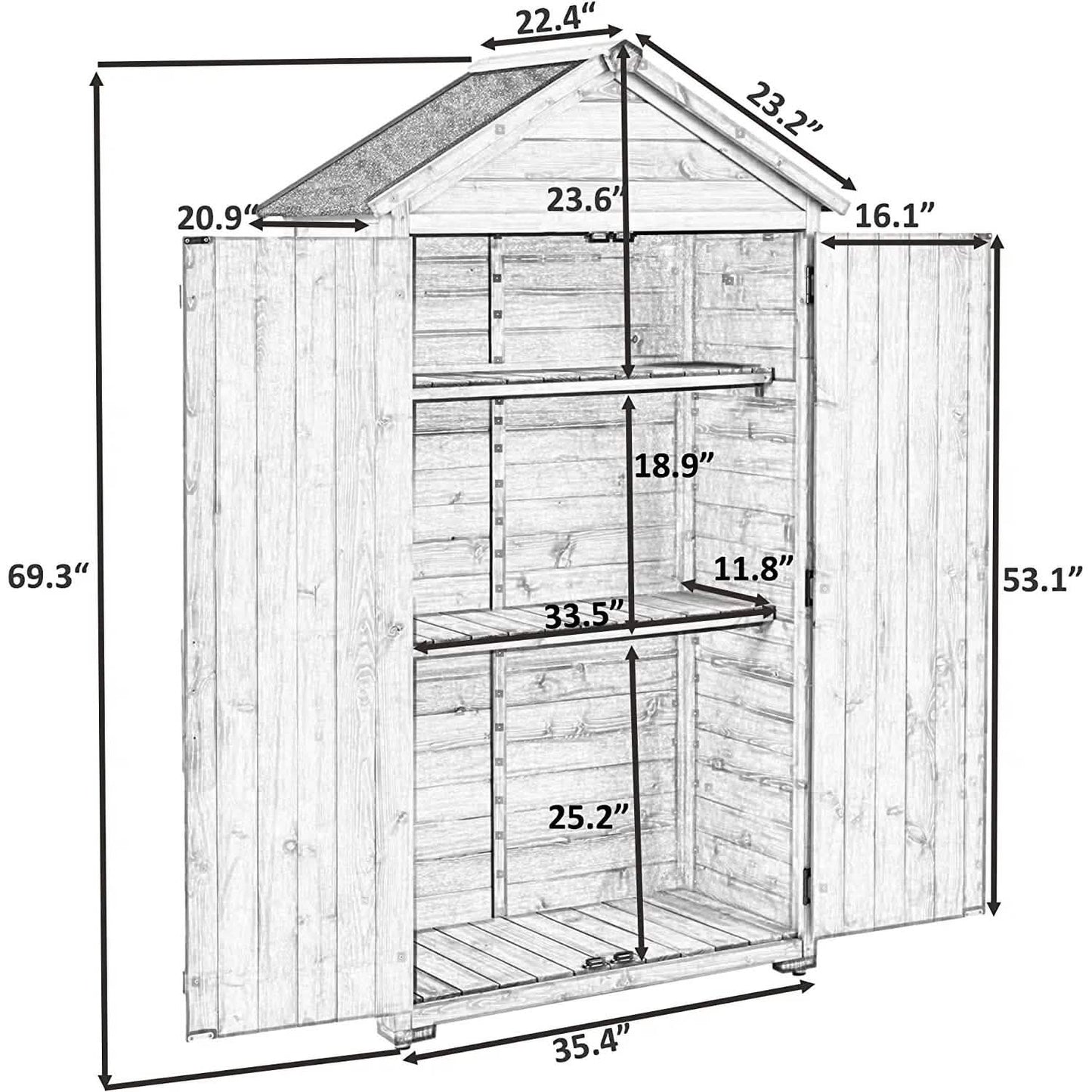 Outdoor Wood Tilt Storage Shed Tool Organizer with Waterproof Asphalt Roof