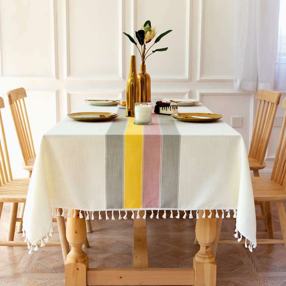 Patchwork Fringed Linen Tablecloth