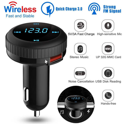Quick Charge 3.0 Car Charger Wireless 4.2 FM Transmitter 23W 3A Dual USB