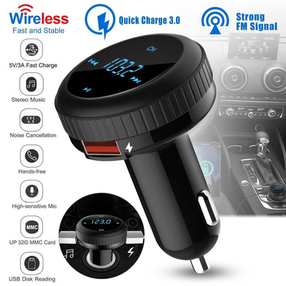 Quick Charge 3.0 Car Charger Wireless 4.2 FM Transmitter 23W 3A Dual USB