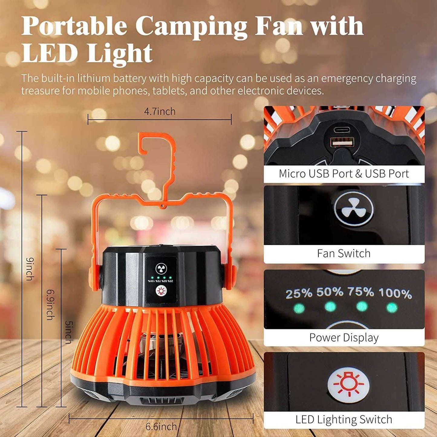 Rechargeable Camping Fan with LED Lantern with IR Remote