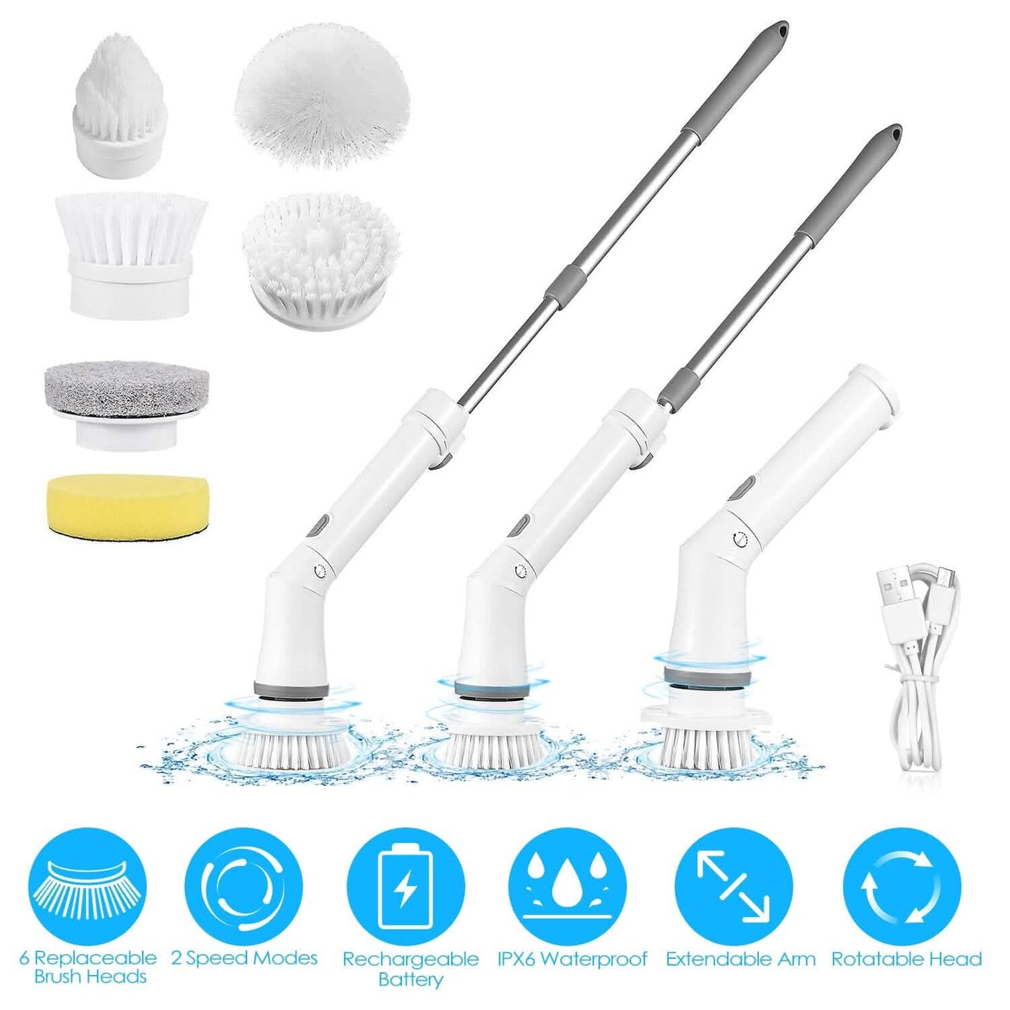 Rechargeable Telescopic Cleaning Brush 6 Replaceable Heads 2 Speed Adjustable Extension Arm