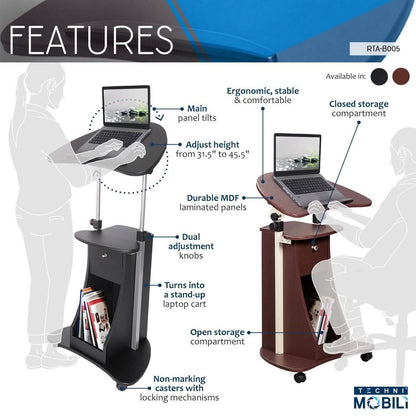 Sit-to-Stand Rolling Adjustable Laptop Cart with Storage