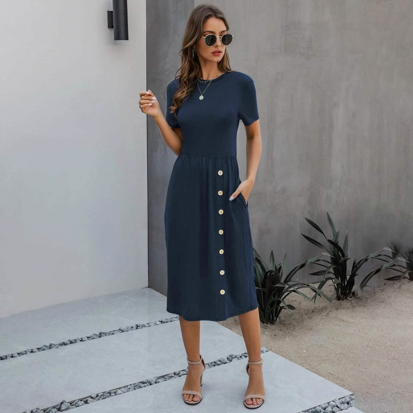 Slant Pocket Button Detail Dress
