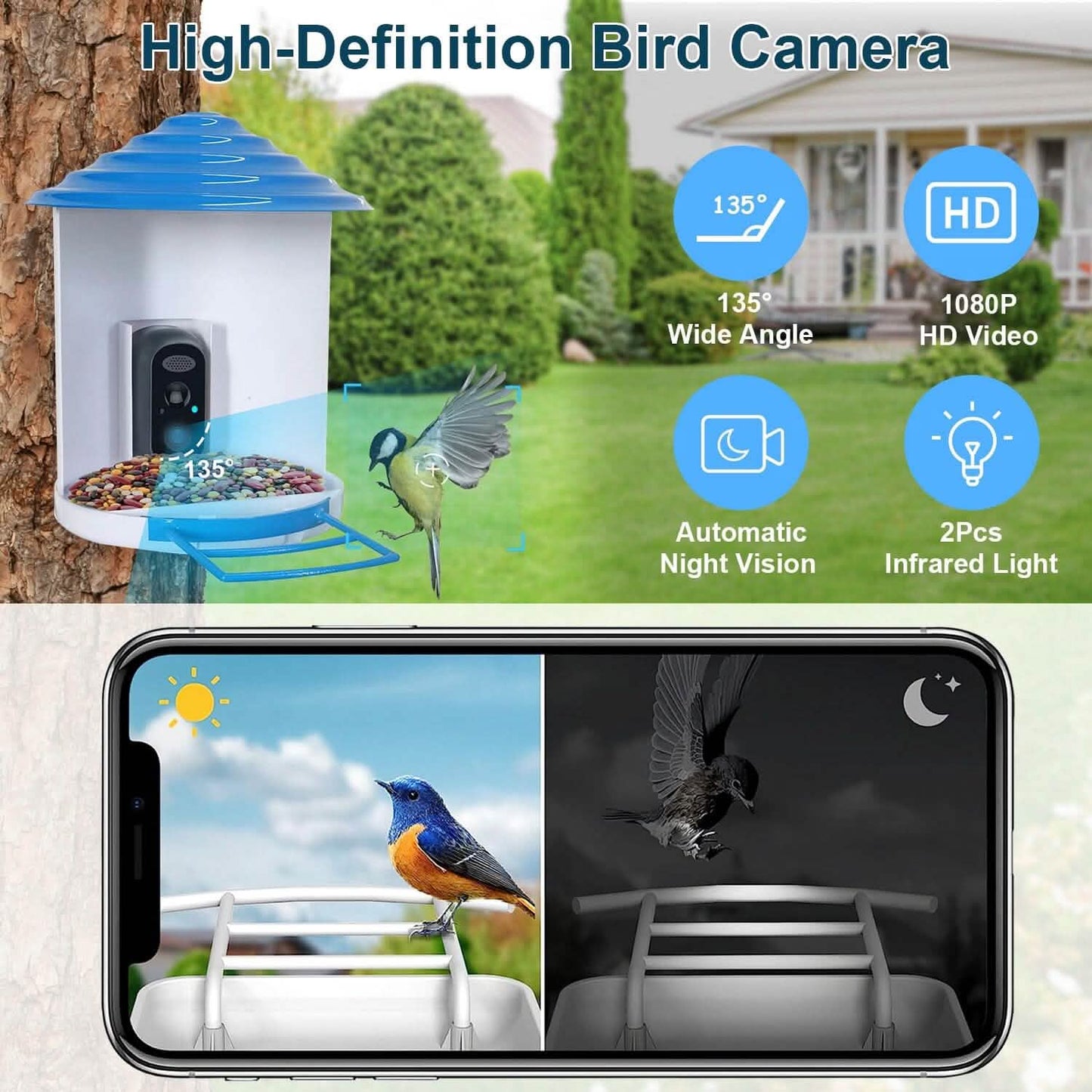 Smart Bird Feeder with Solar Powered Camera 1080P HD AI Identify PIR