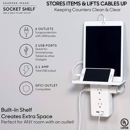 Socket Shelf 8 Port Surge Protector Wall Outlet, 6 Electrical Outlet Extenders, 2 USB Charging Ports