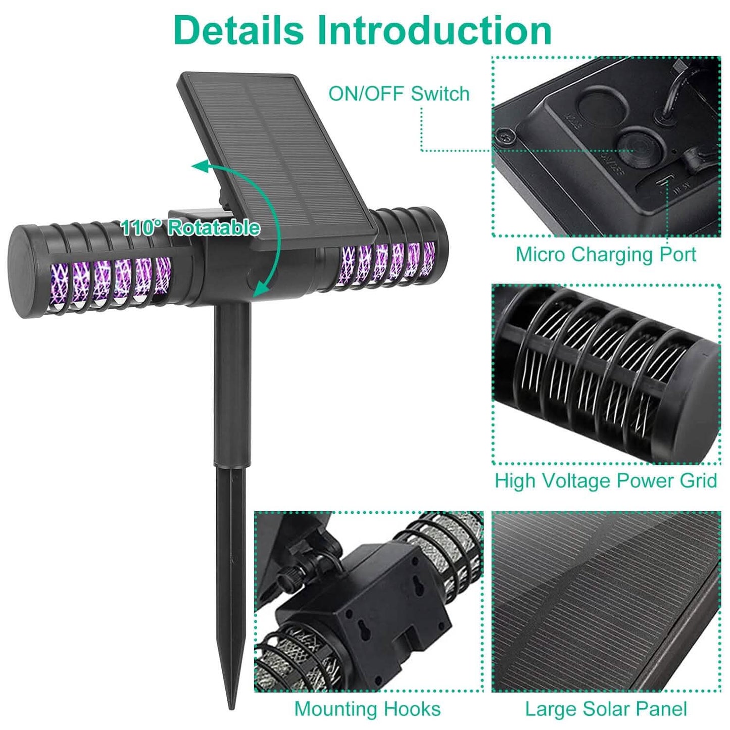 Solar Powered Bug Zapper LED Mosquito Killer Lamp