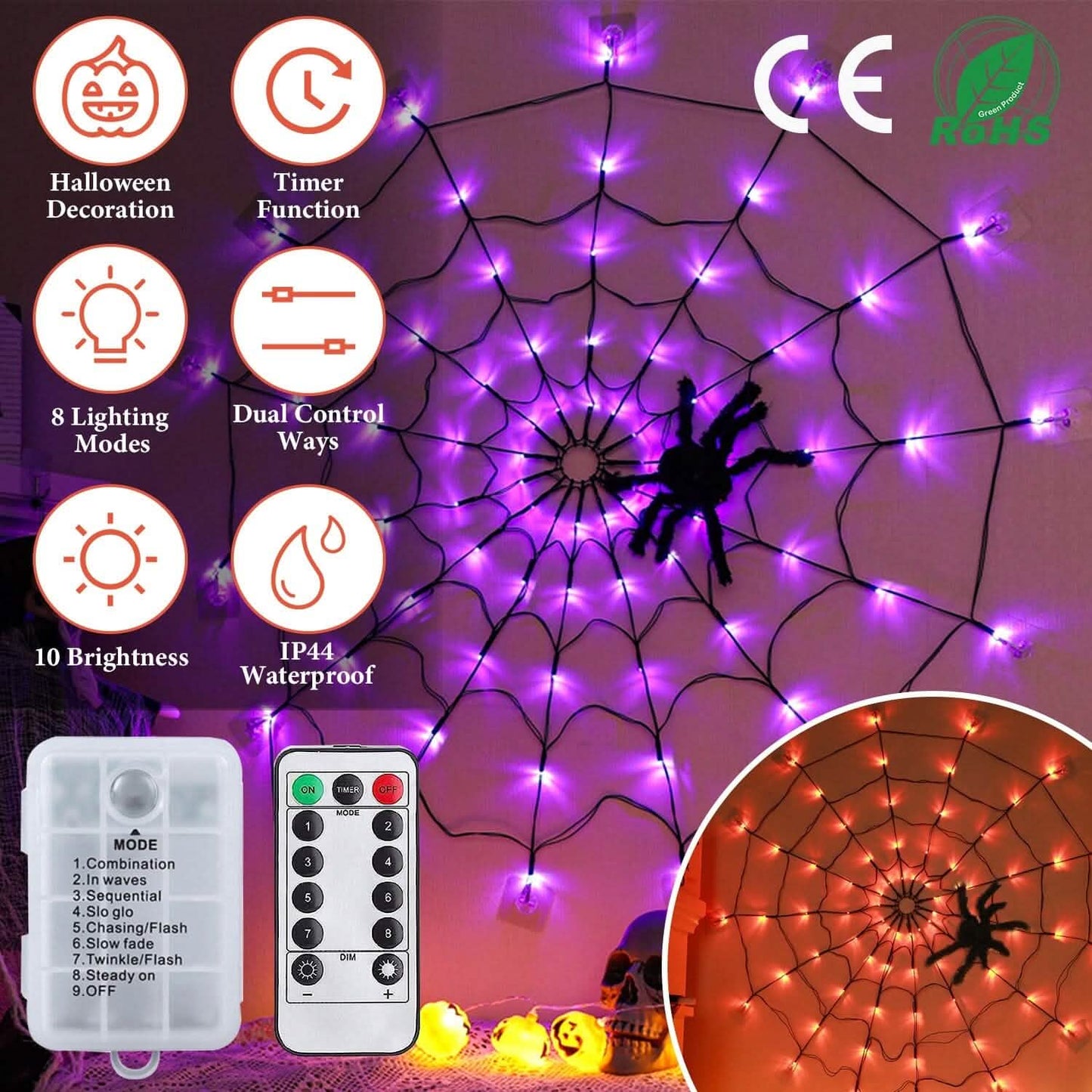 Spider Web Light with Hairy Spider 70LED Battery Powered Remote Control 8 Lighting Modes