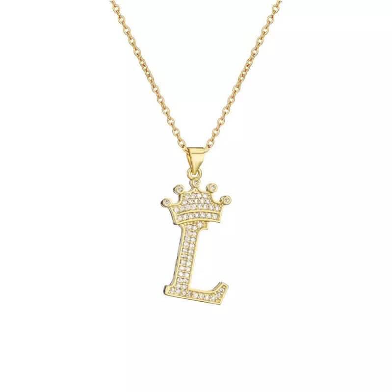 Stainless Steel Gold Overlay Hip Hop Crown A-Z Letters Necklace for Men and Women
