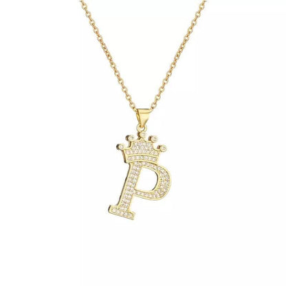 Stainless Steel Gold Overlay Hip Hop Crown A-Z Letters Necklace for Men and Women