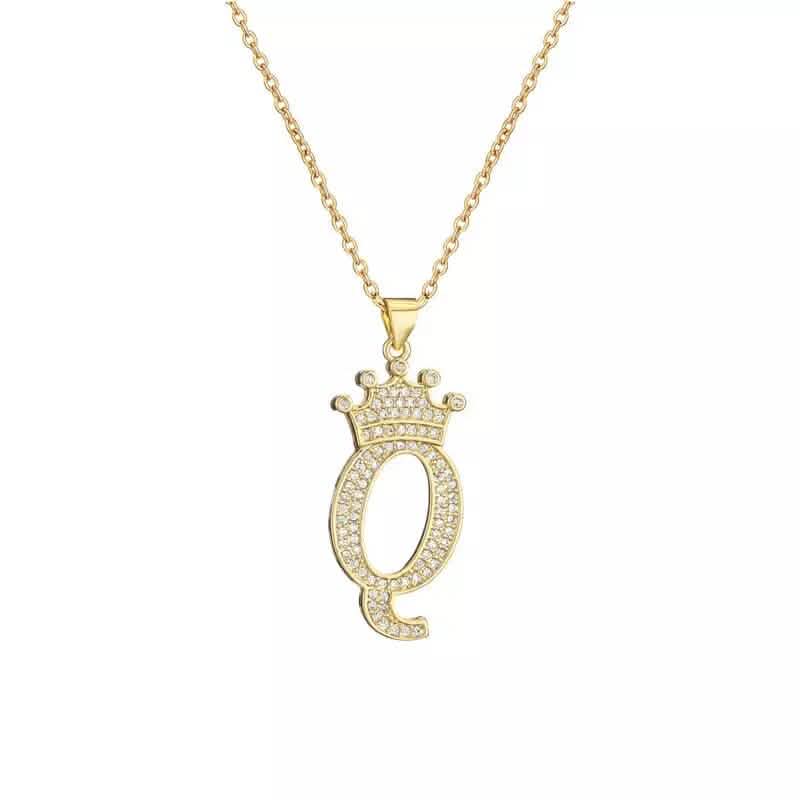 Stainless Steel Gold Overlay Hip Hop Crown A-Z Letters Necklace for Men and Women