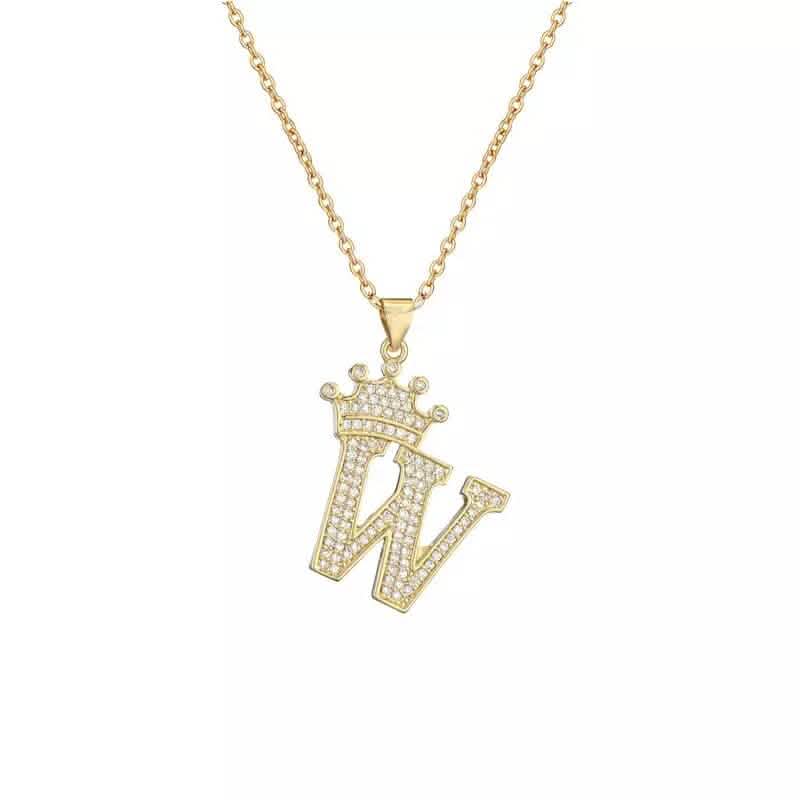 Stainless Steel Gold Overlay Hip Hop Crown A-Z Letters Necklace for Men and Women