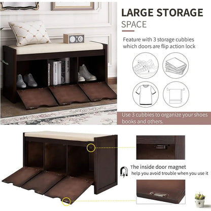 Storage Bench with Removable Cushion and 3 Flip Lock Storage Cubbies