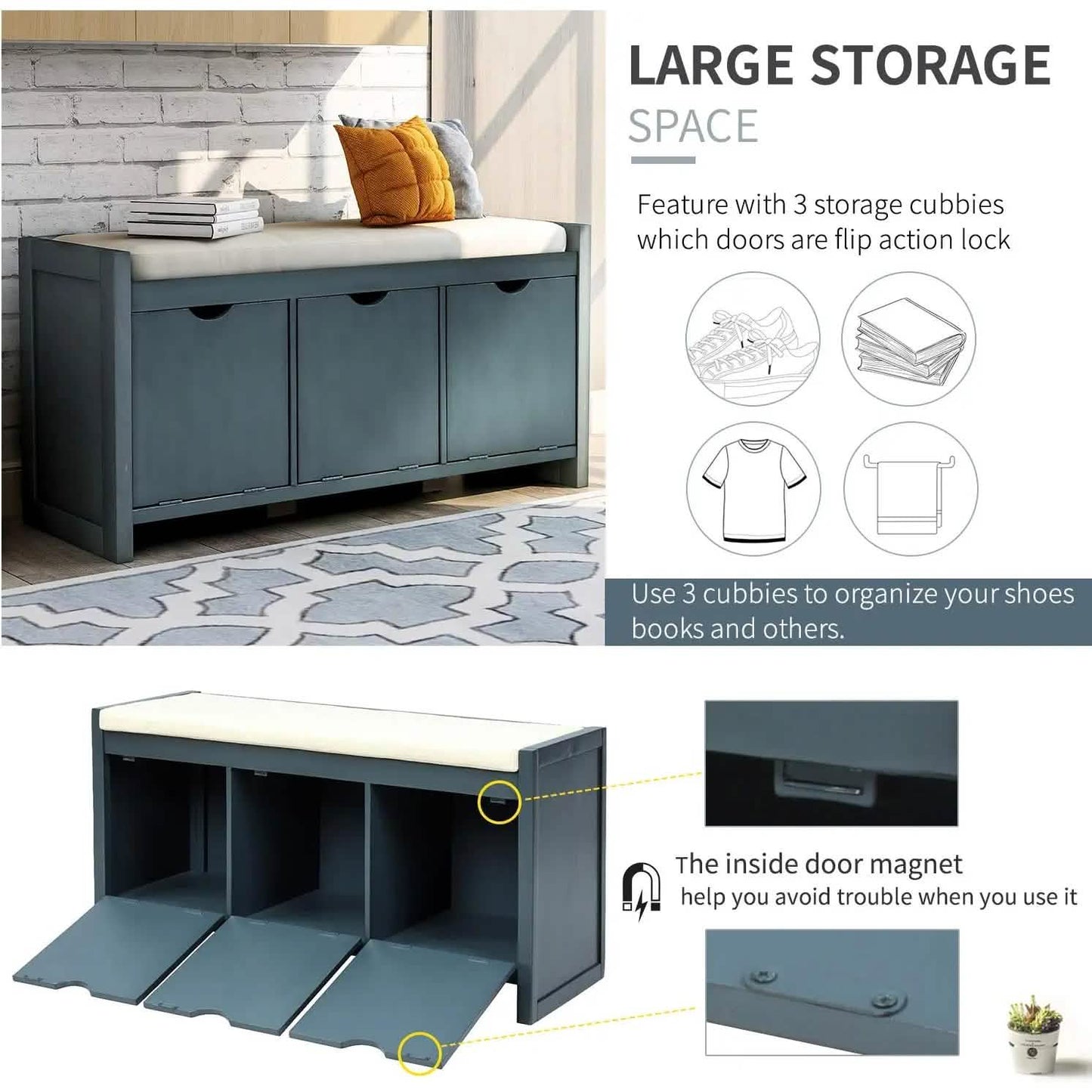 Storage Bench with Removable Cushion and 3 Flip Lock Storage Cubbies